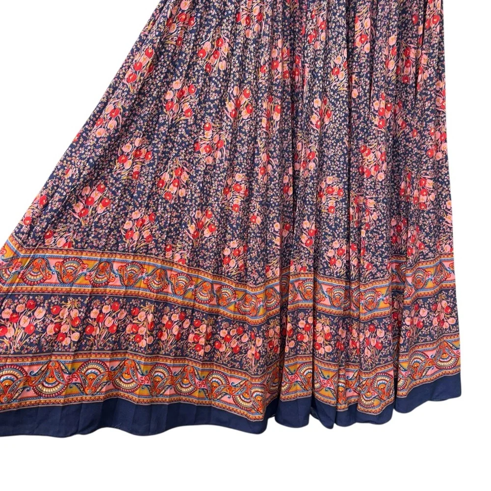 Vintage Elissa of California Blue Pink Pleated Maxi‎ Skirt 60’s 70’s Floral XS